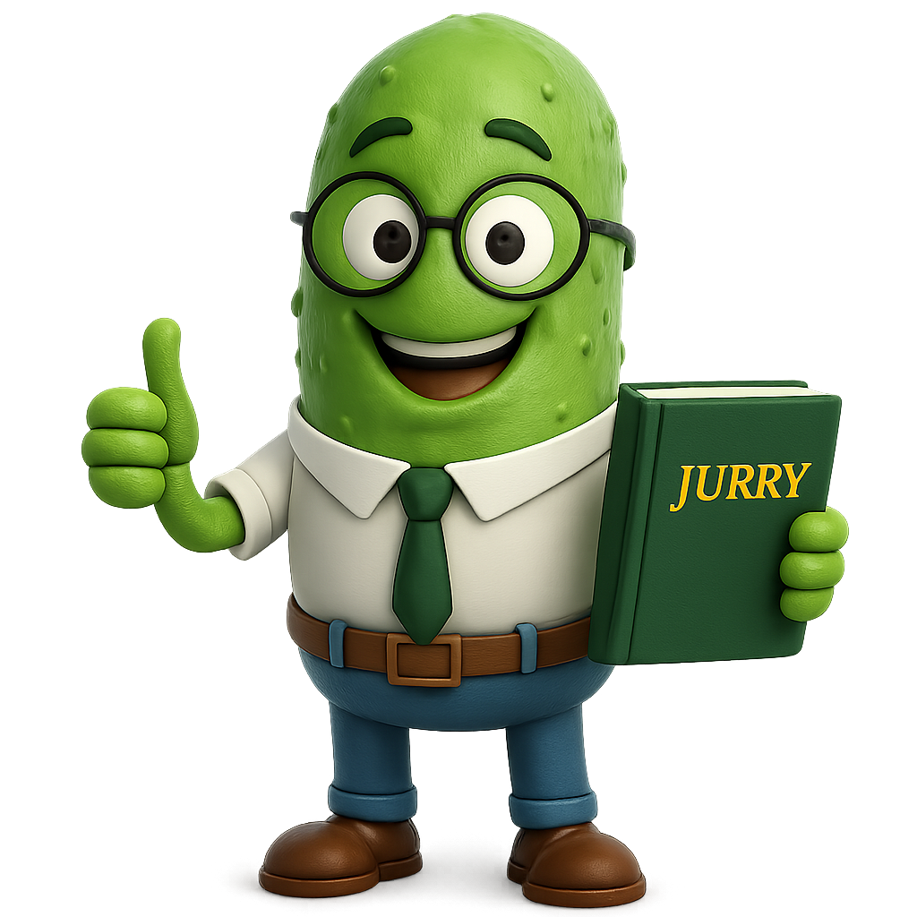 Jurry, de JuPickle mascotte, een vriendelijke augurk met bril die een boek met jouw recht vasthoudt